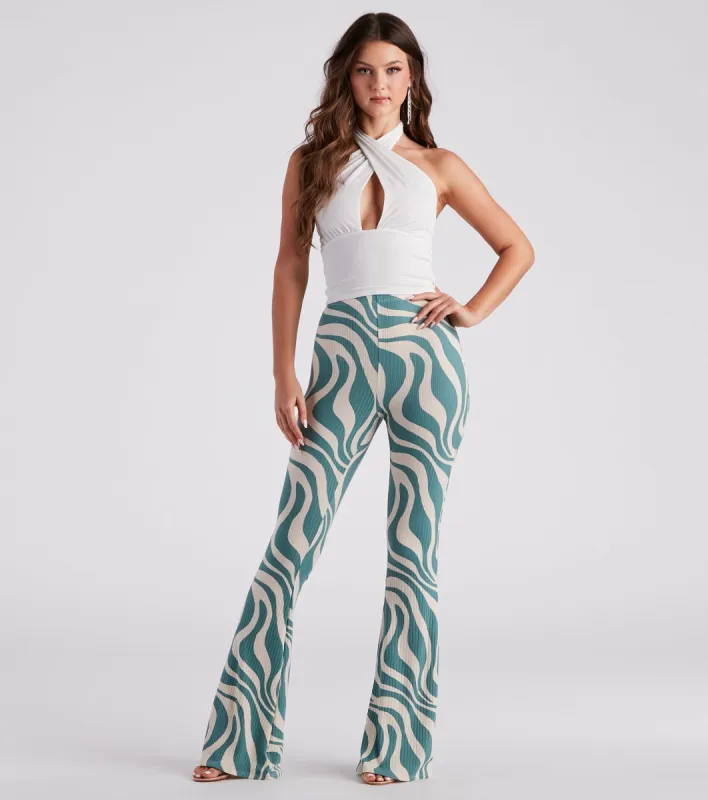 Flirty Retro Babe Swirl Print Flare Pants sold by Windsor