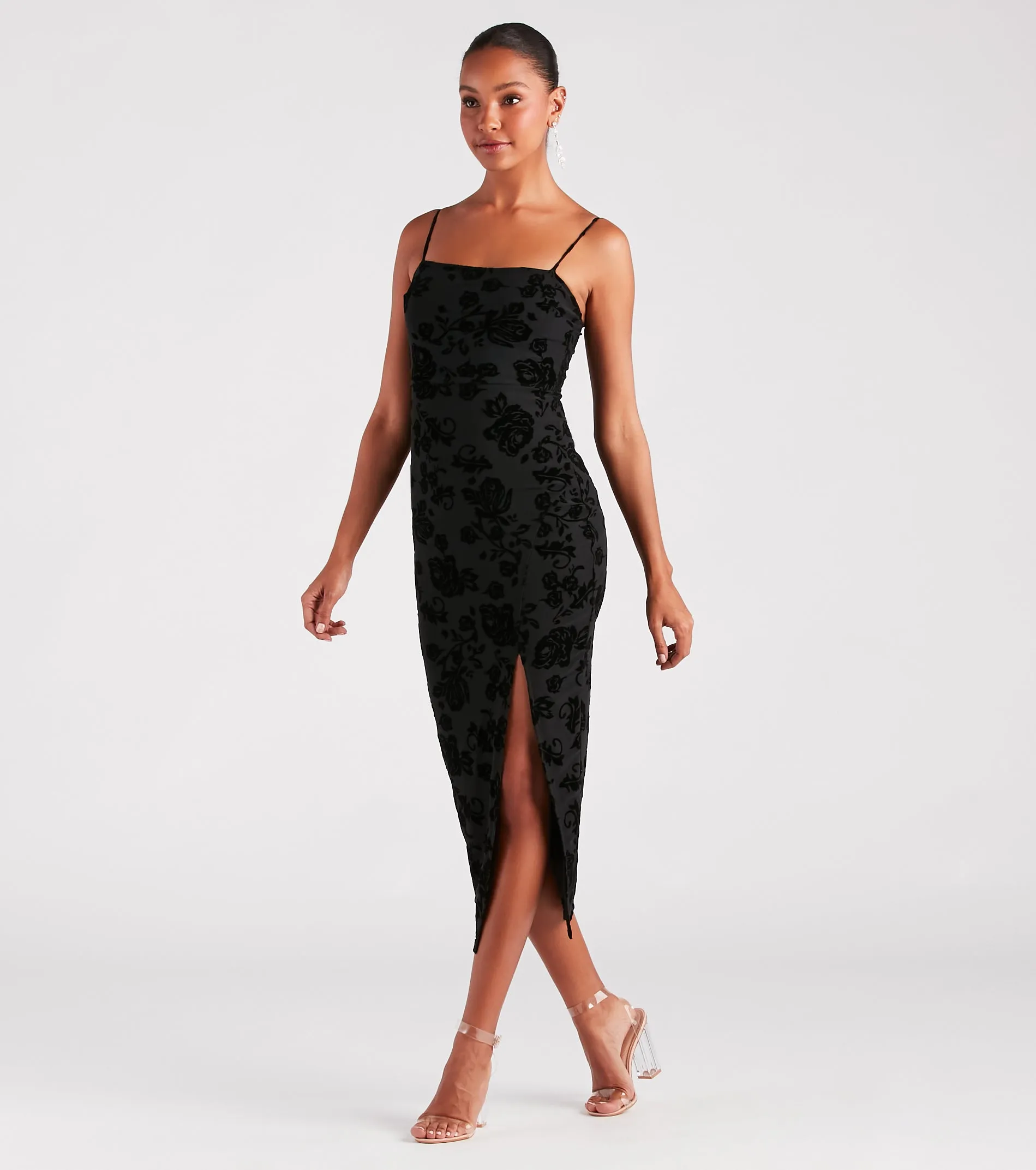 Classy Gal Flocked Floral Velvet Midi Dress sold by Windsor product image thumbnail 3