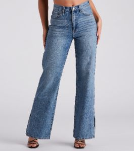 Low-Key Slay High Rise Wide Leg Slit Denim Jeans sold by Windsor
