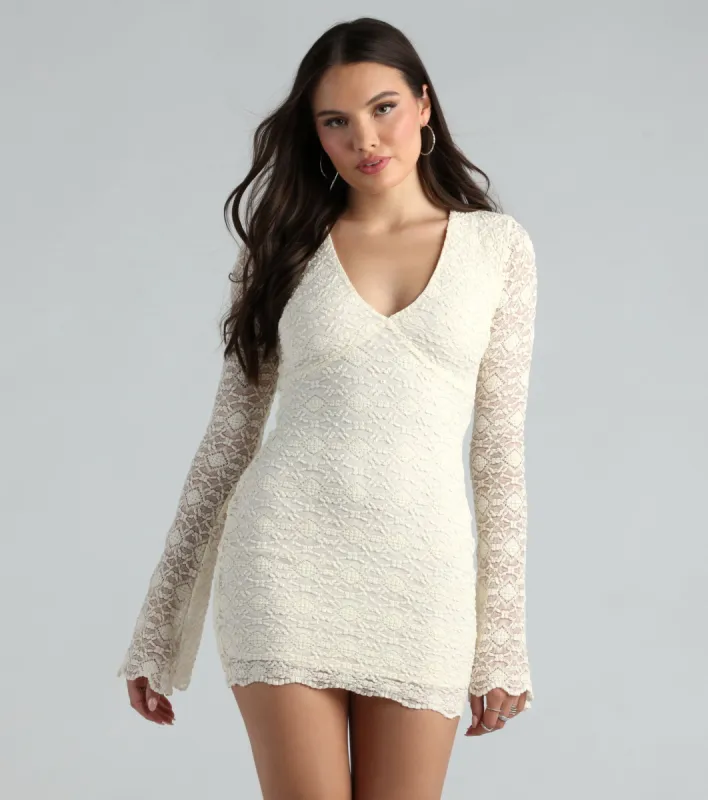Loved In Lace V-Neck Long Sleeve Short Dress sold by Windsor