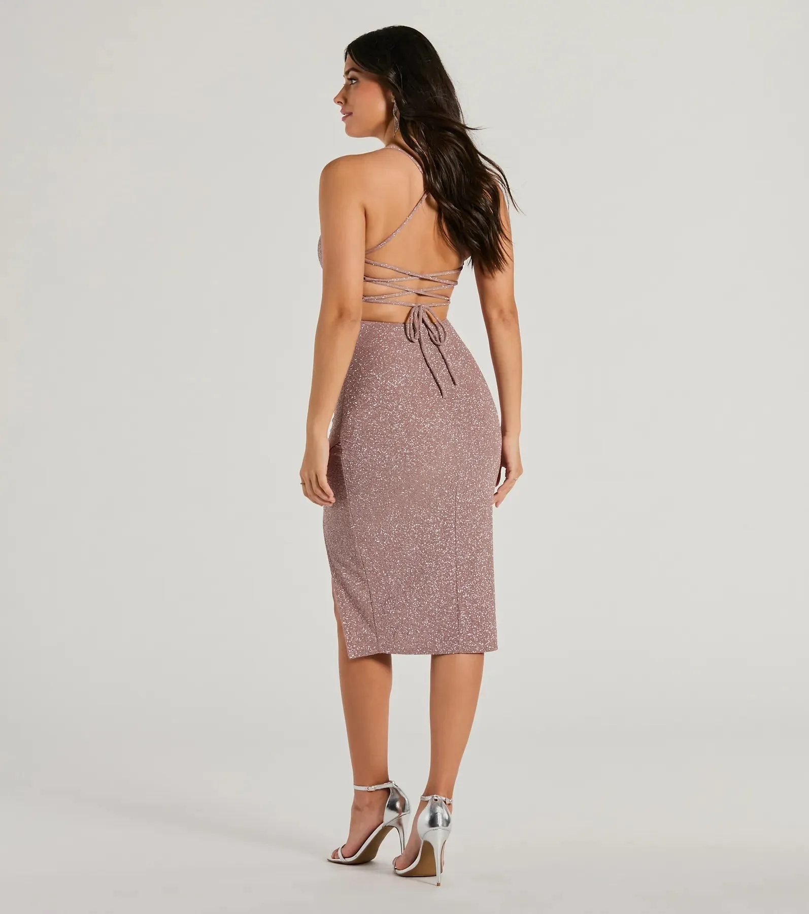 Glam Upgrade Lace-Up Bodycon Glitter Midi Dress sold by Windsor product image thumbnail 2