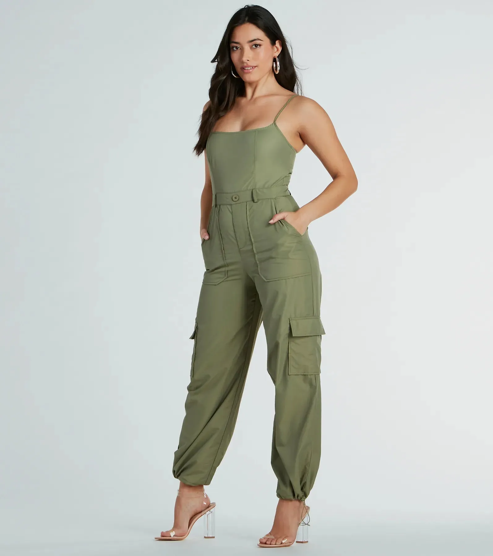 Casual Getaway Sleeveless Nylon Cargo Jumpsuit sold by Windsor