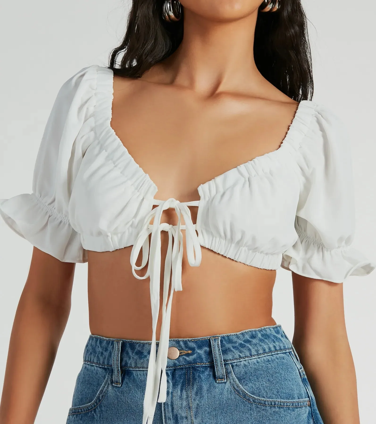 Fresh Look Puff Sleeve Tie-Front Crop Top sold by Windsor product image thumbnail 4