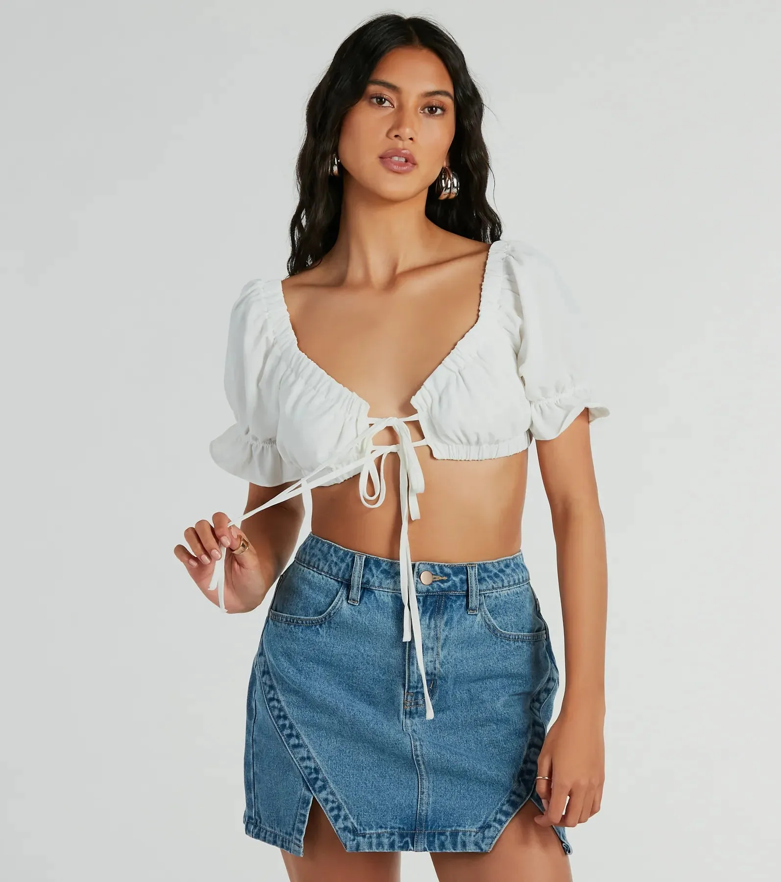 Fresh Look Puff Sleeve Tie-Front Crop Top sold by Windsor