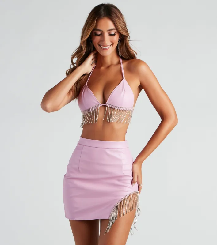 Sexy Shimmer Rhinestone Faux Leather Halter Bra sold by Windsor