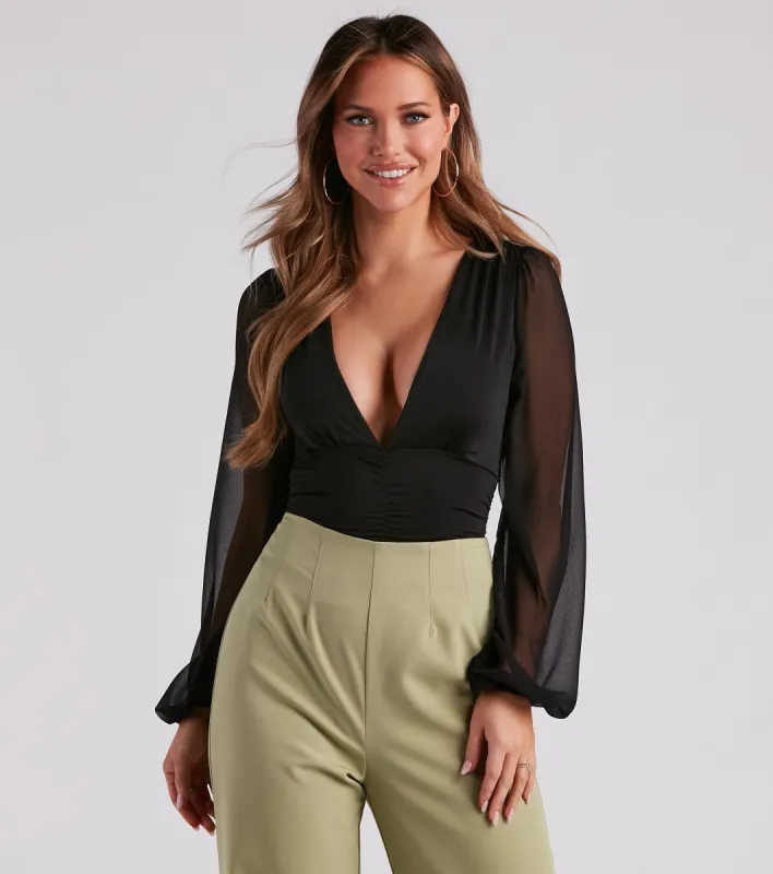 Sheer And Sultry Plunging Bodysuit sold by Windsor