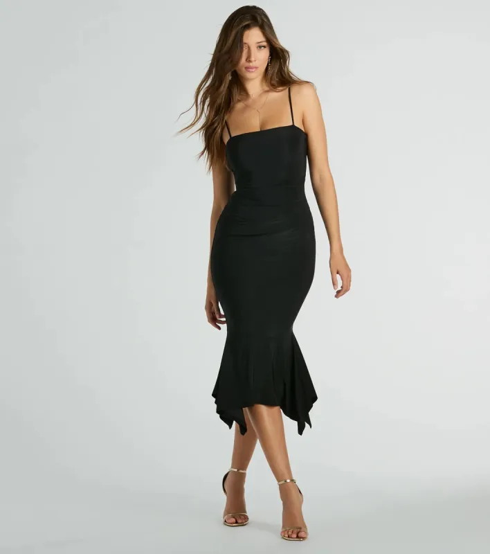 Swept Away Square Neck Bodycon Ruffled Midi Dress sold by Windsor
