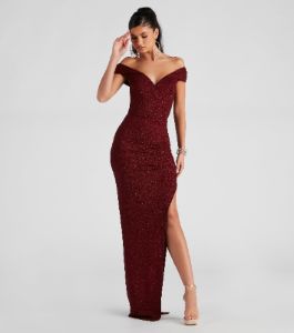 Elianna Off-The-Shoulder Glitter Formal Dress sold by Windsor