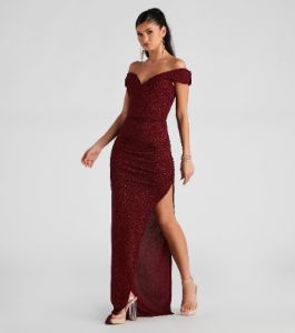 Elianna Off-The-Shoulder Glitter Formal Dress sold by Windsor