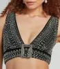 She's A Gem Plunge Neck Buckle Rhinestone Crop Top sold by Windsor