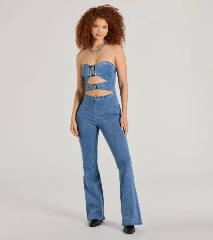 Double The Style Buckle Cutout Flare Denim Jumpsuit sold by Windsor