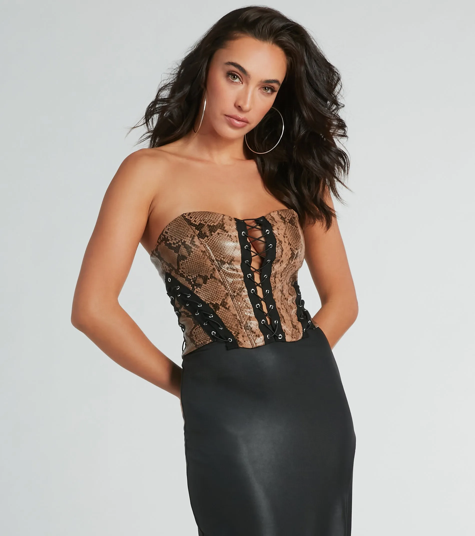 Snake Skin Tight Lace-Up Faux Leather Corset Top sold by Windsor