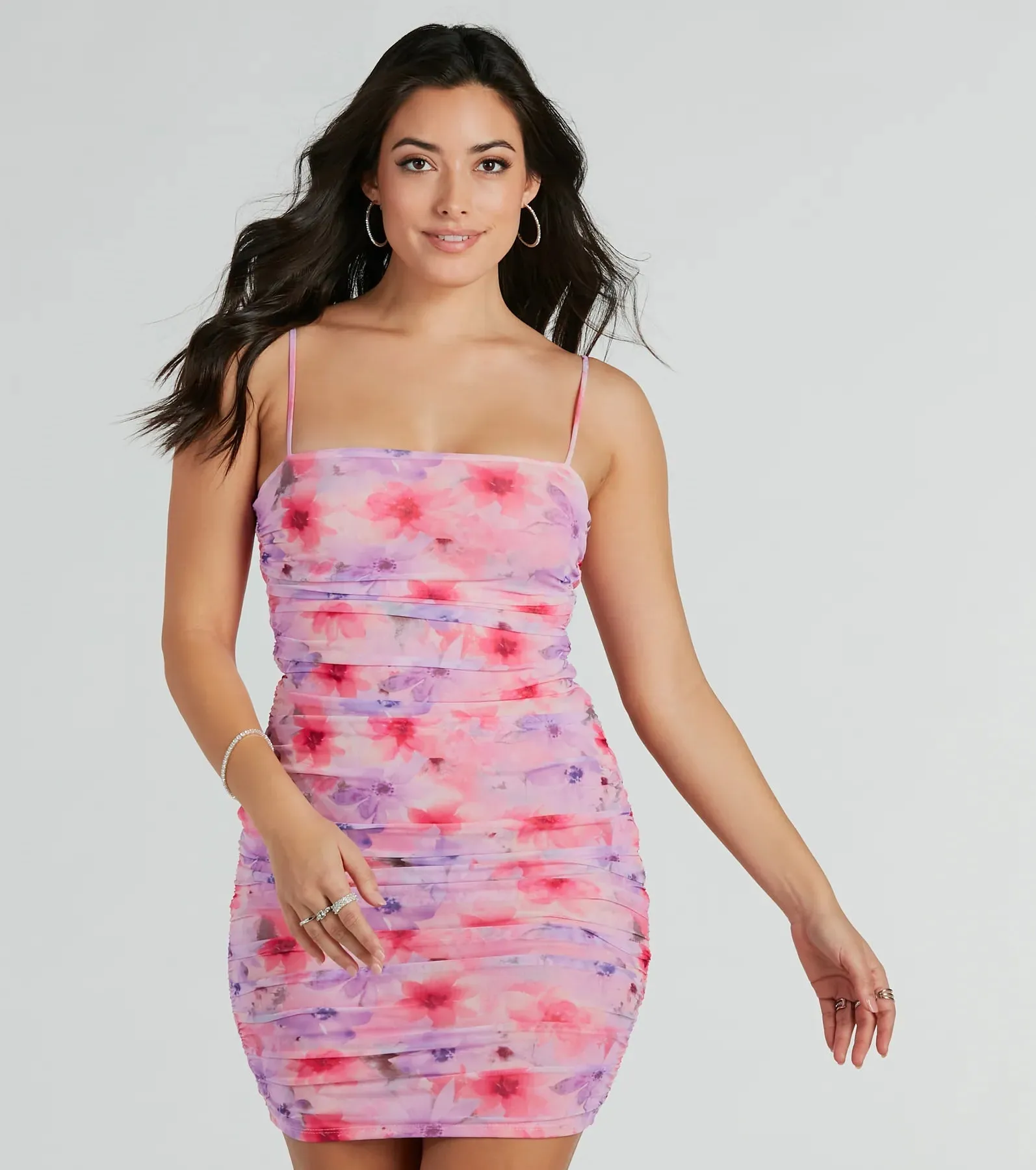 Dreamy Floral Ruched Mesh Mini Dress sold by Windsor product image thumbnail 2