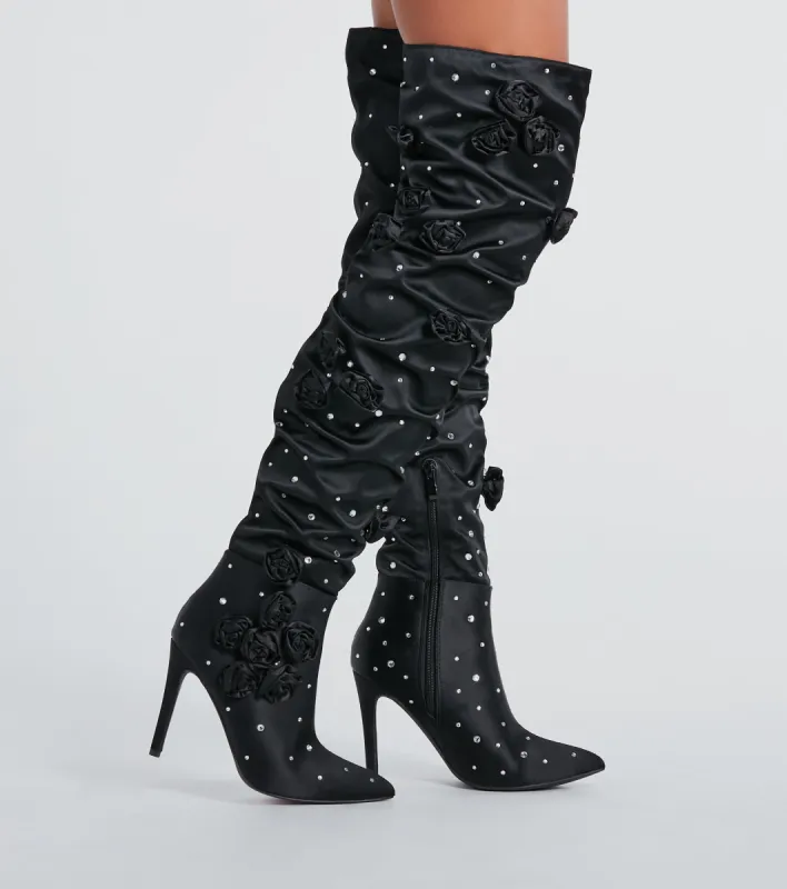 Dramatic Blooms Rosette Rhinestone Thigh-High Boots sold by Windsor