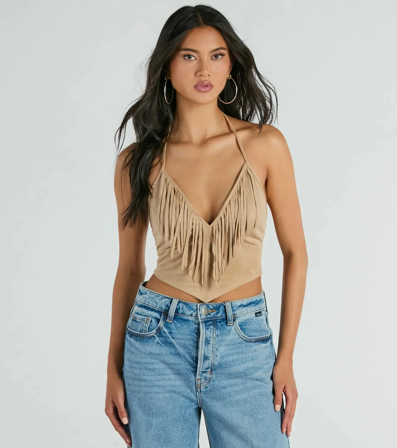 Festive Icon V-Neck Fringe Halter Faux Suede Crop Top sold by Windsor