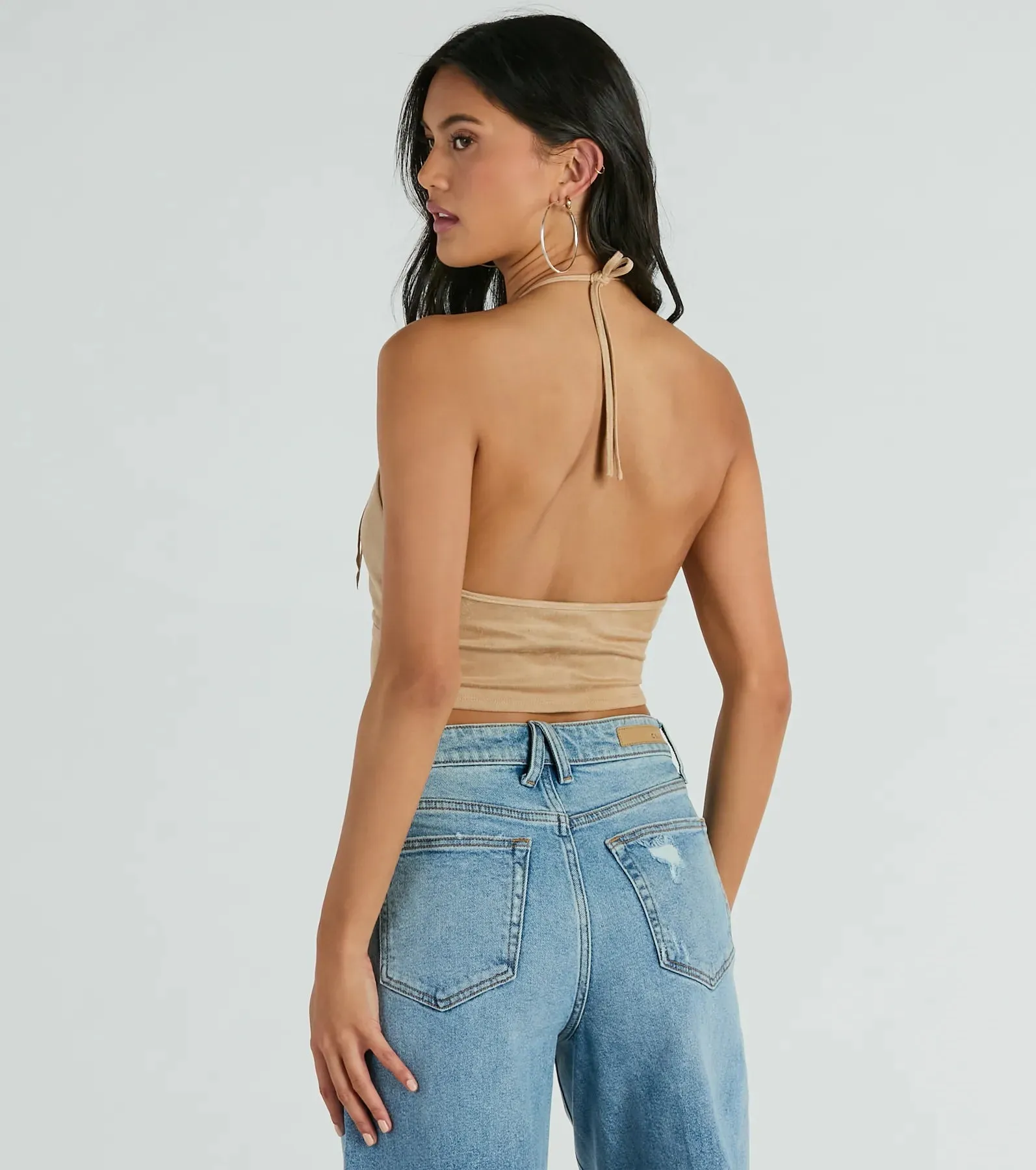 Festive Icon V-Neck Fringe Halter Faux Suede Crop Top sold by Windsor product image thumbnail 2