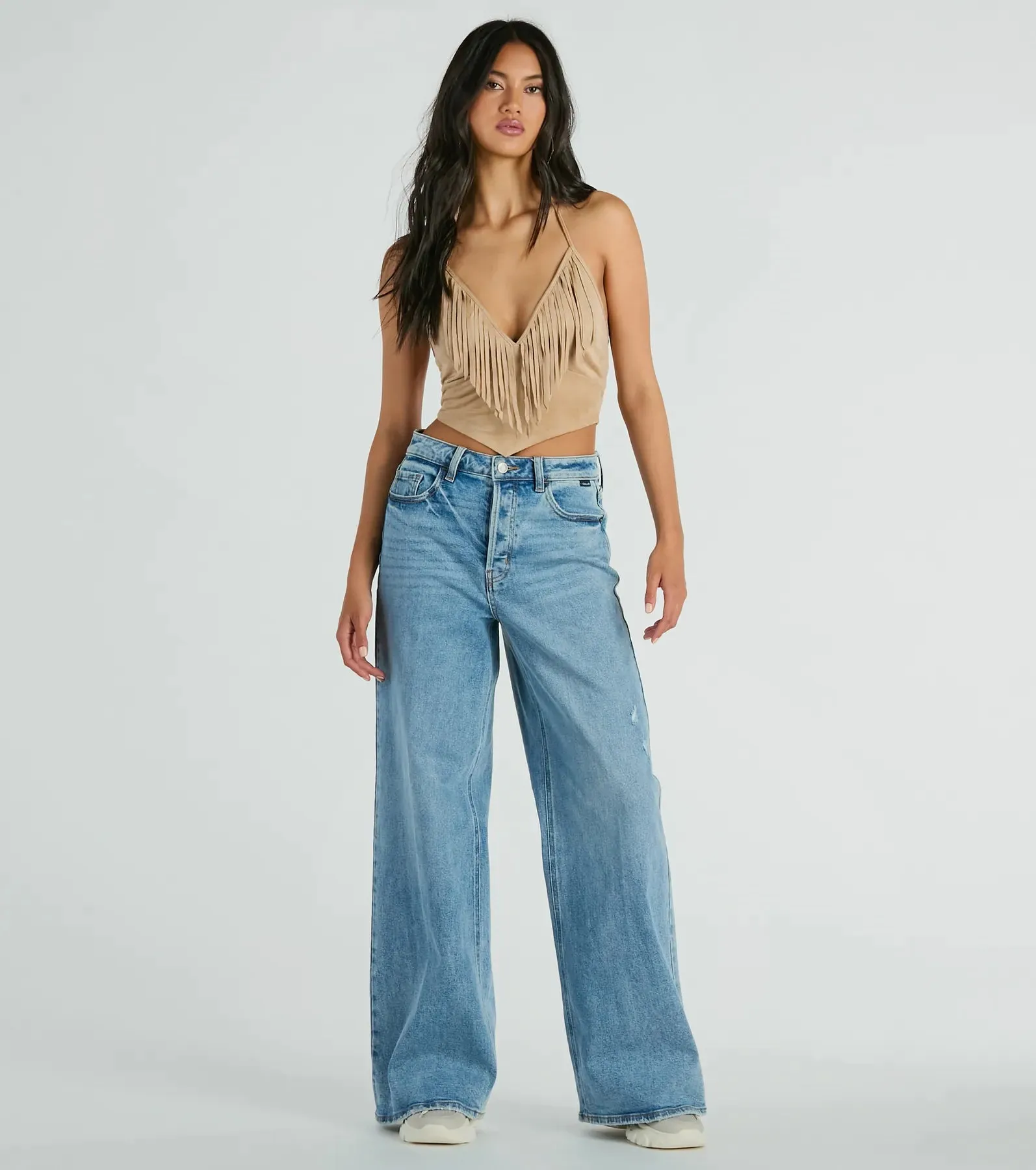 Festive Icon V-Neck Fringe Halter Faux Suede Crop Top sold by Windsor product image thumbnail 3