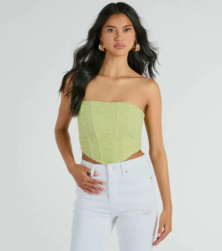 In The Spotlight Strapless Ruched Corset Top sold by Windsor