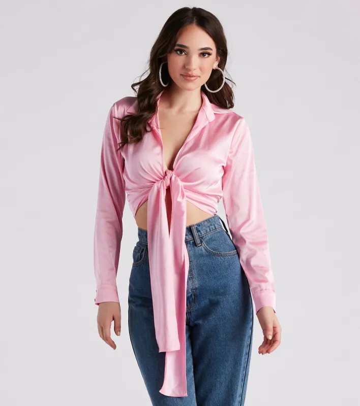 CLEARANCE - So Sleek Satin Tie-Front Blouse sold by Windsor