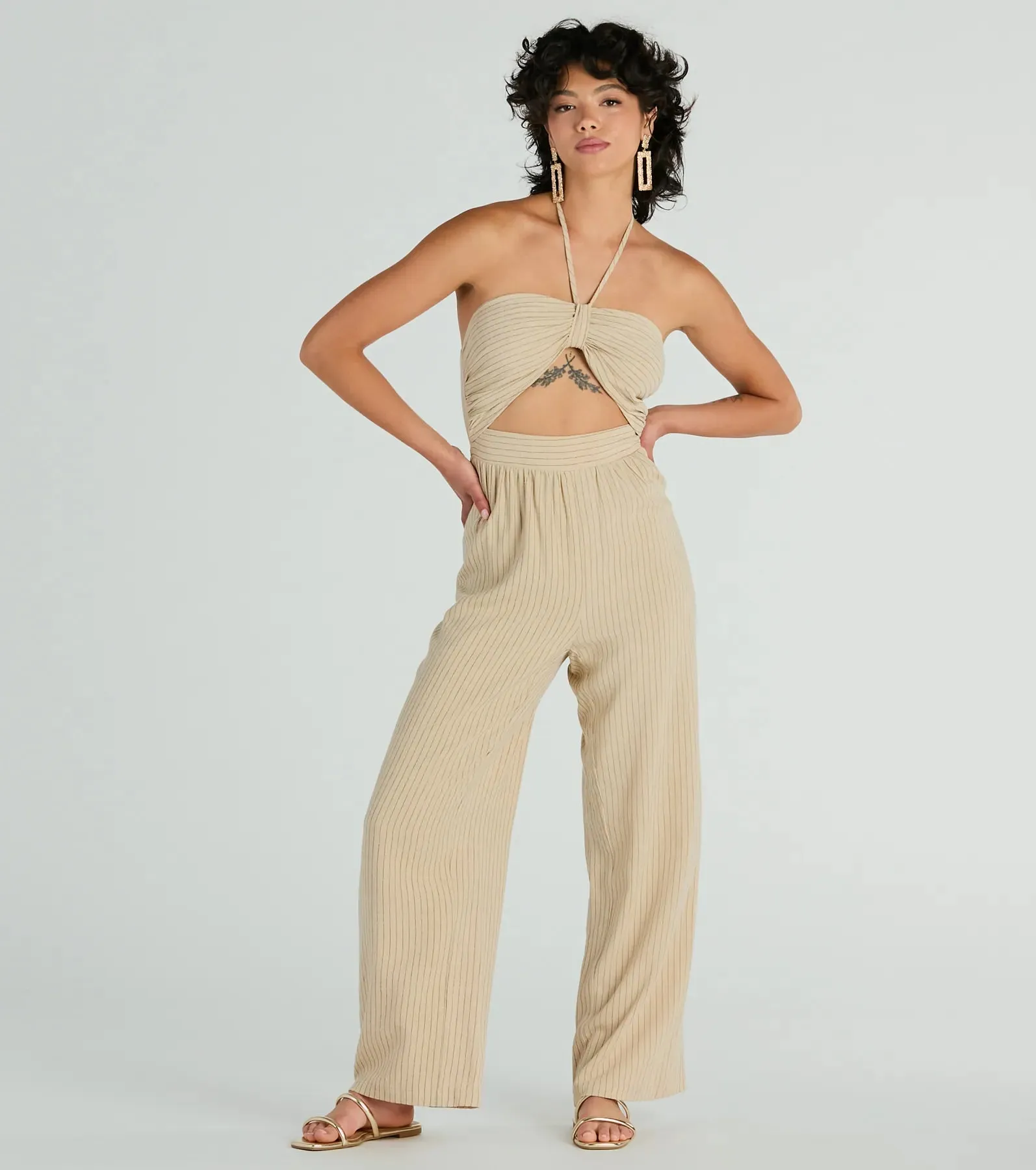 Coastal Cutie Halter Cutout Striped Linen Jumpsuit sold by Windsor