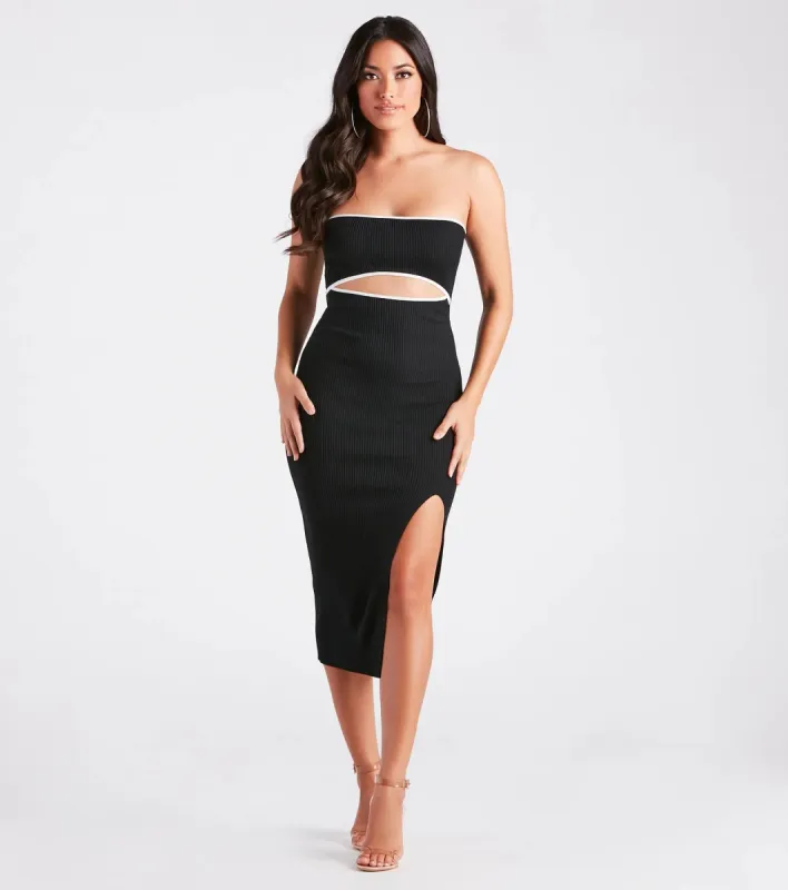 Leaving Impressions Strapless Ribbed Knit Midi Dress sold by Windsor