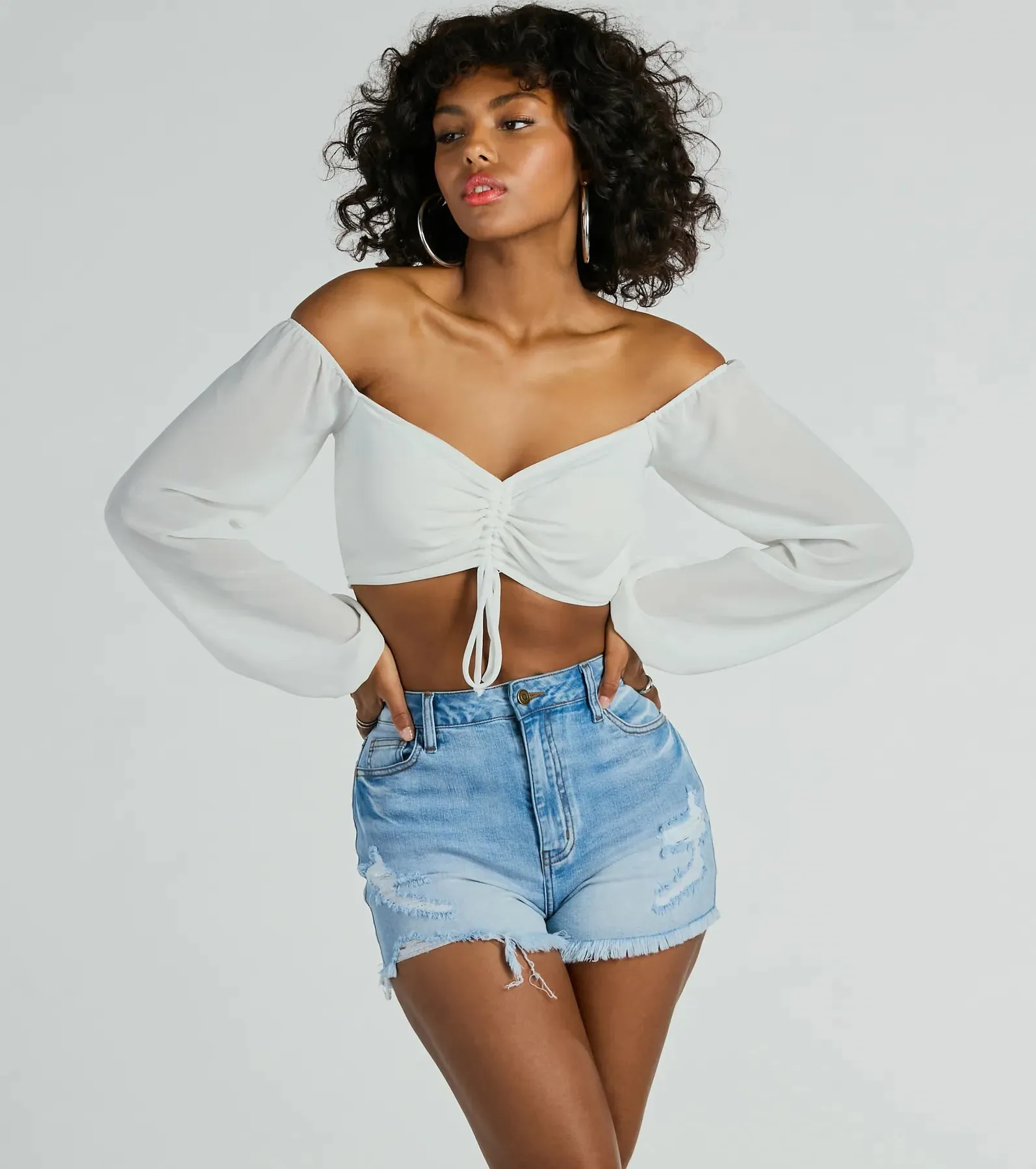 Sheer Fun Off-The-Shoulder Crop Chiffon Blouse sold by Windsor