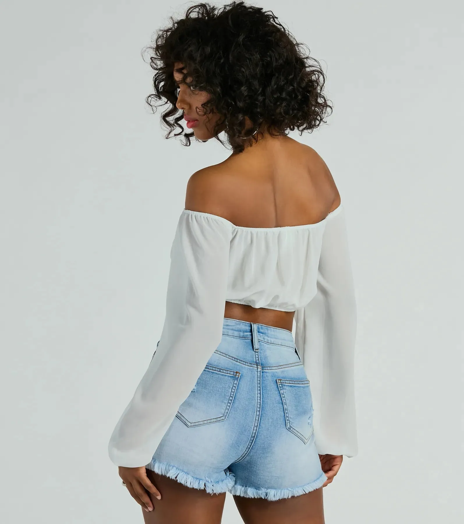 Sheer Fun Off-The-Shoulder Crop Chiffon Blouse sold by Windsor product image thumbnail 2
