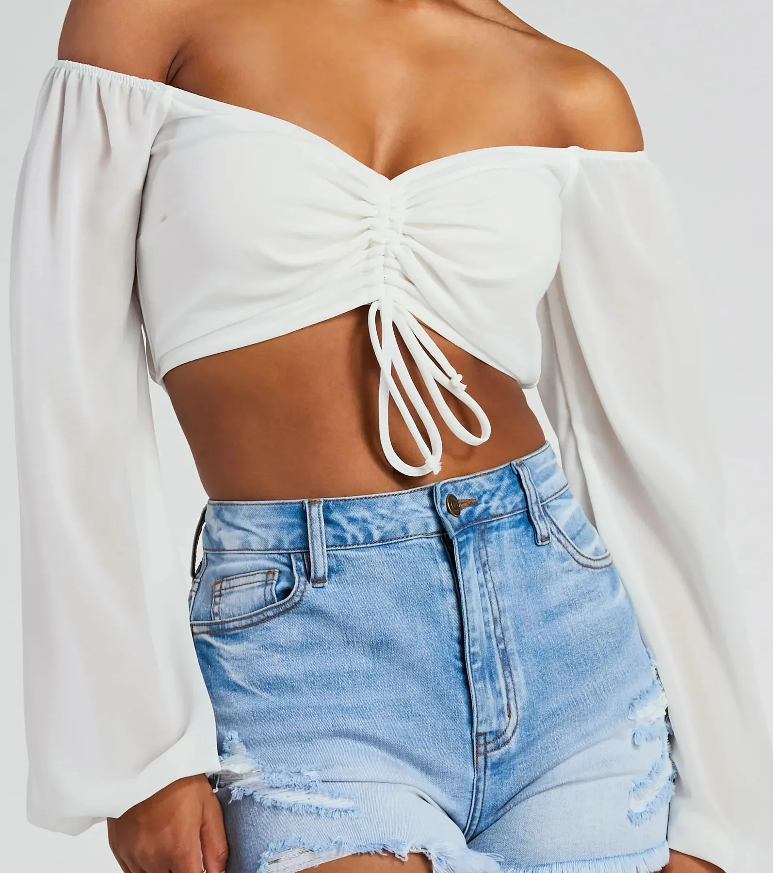 Sheer Fun Off-The-Shoulder Crop Chiffon Blouse sold by Windsor product image thumbnail 4