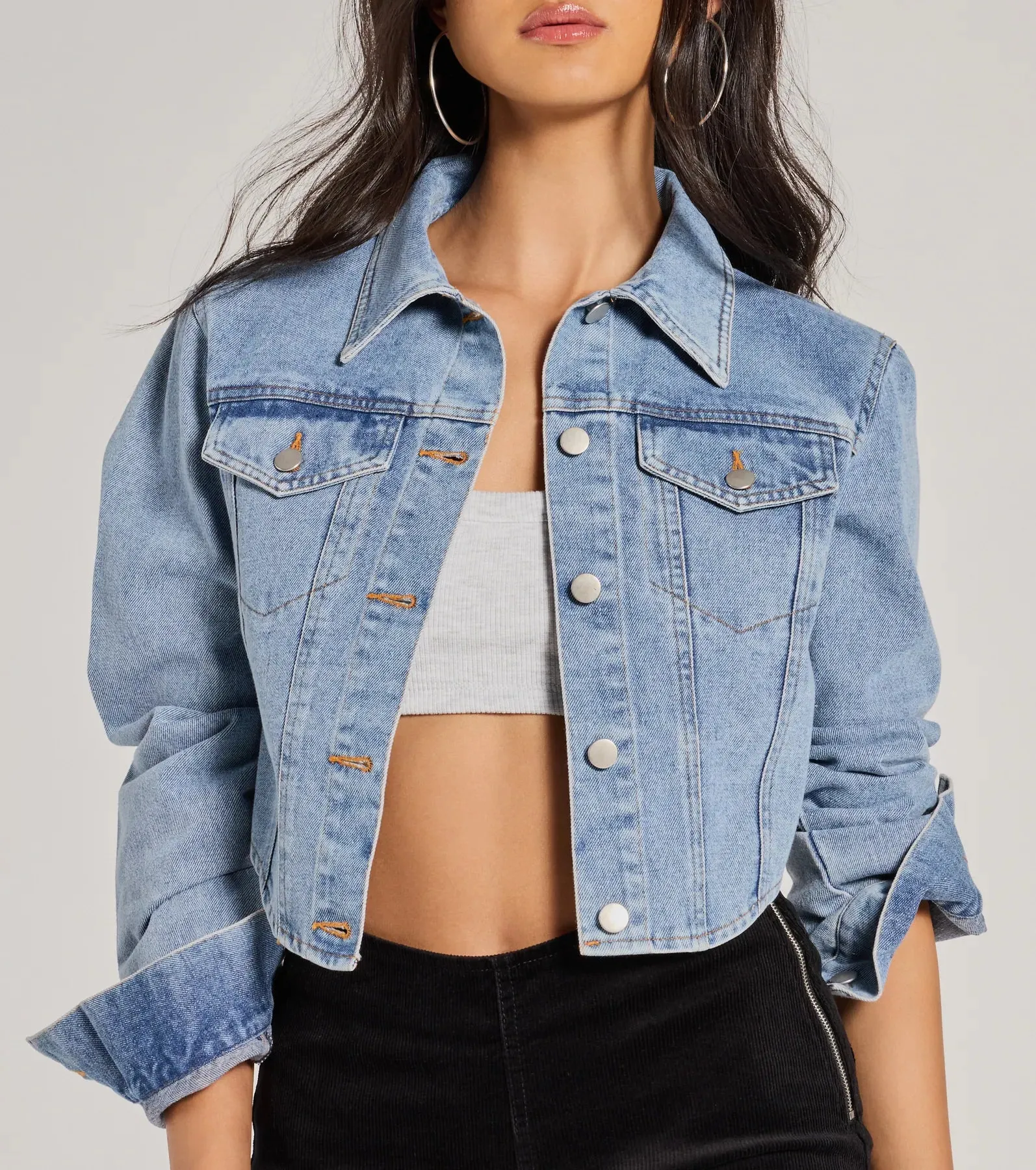 Cute Classic Button Up Crop Denim Jacket sold by Windsor product image thumbnail 4
