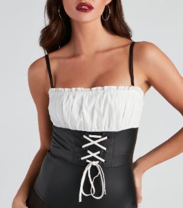 Lil Red Lace-Up Corset Bodysuit sold by Windsor