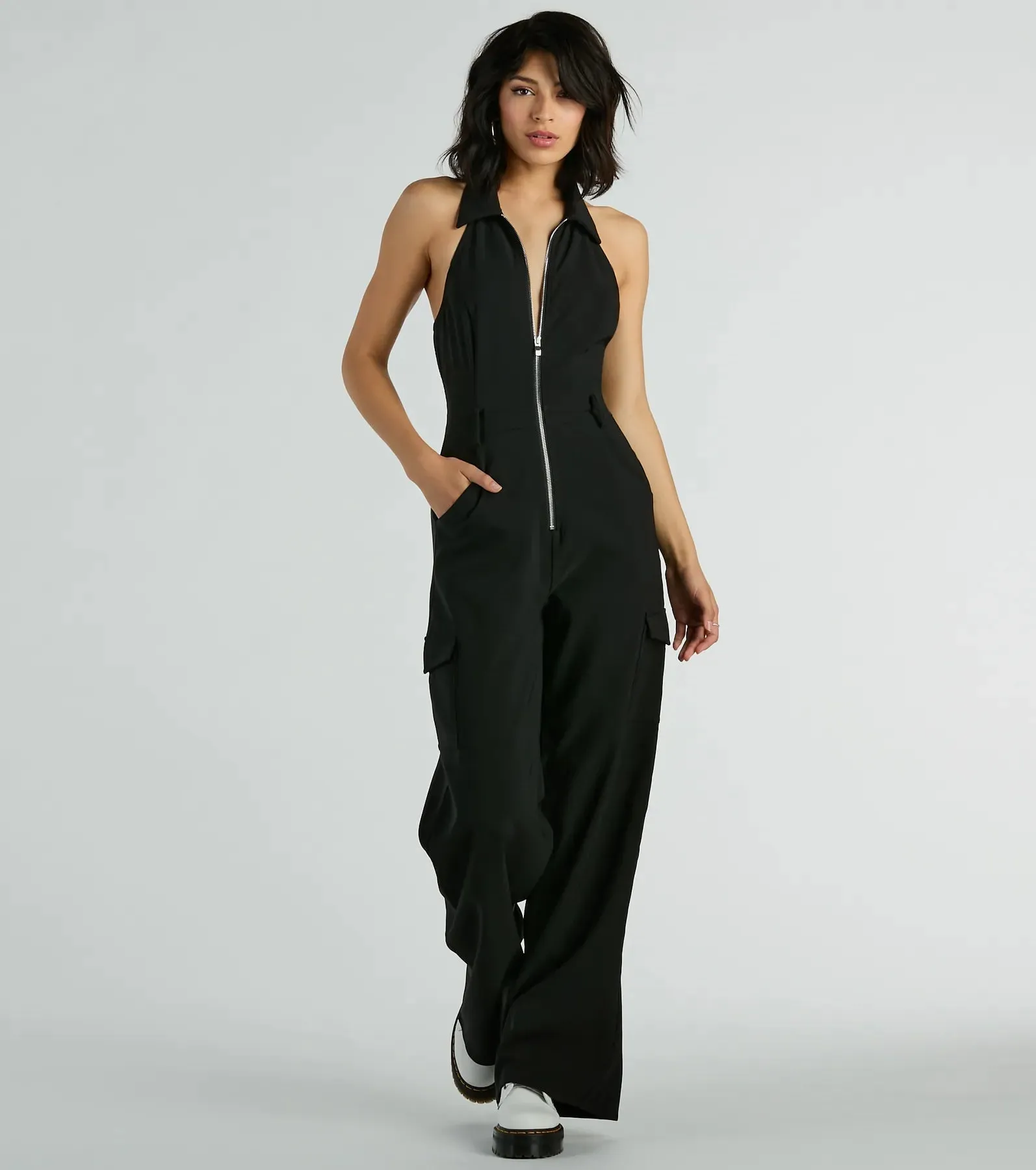Trendsetting Babe Collared Zip-Front Cargo Jumpsuit sold by Windsor