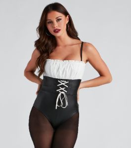 Lil Red Lace-Up Corset Bodysuit sold by Windsor