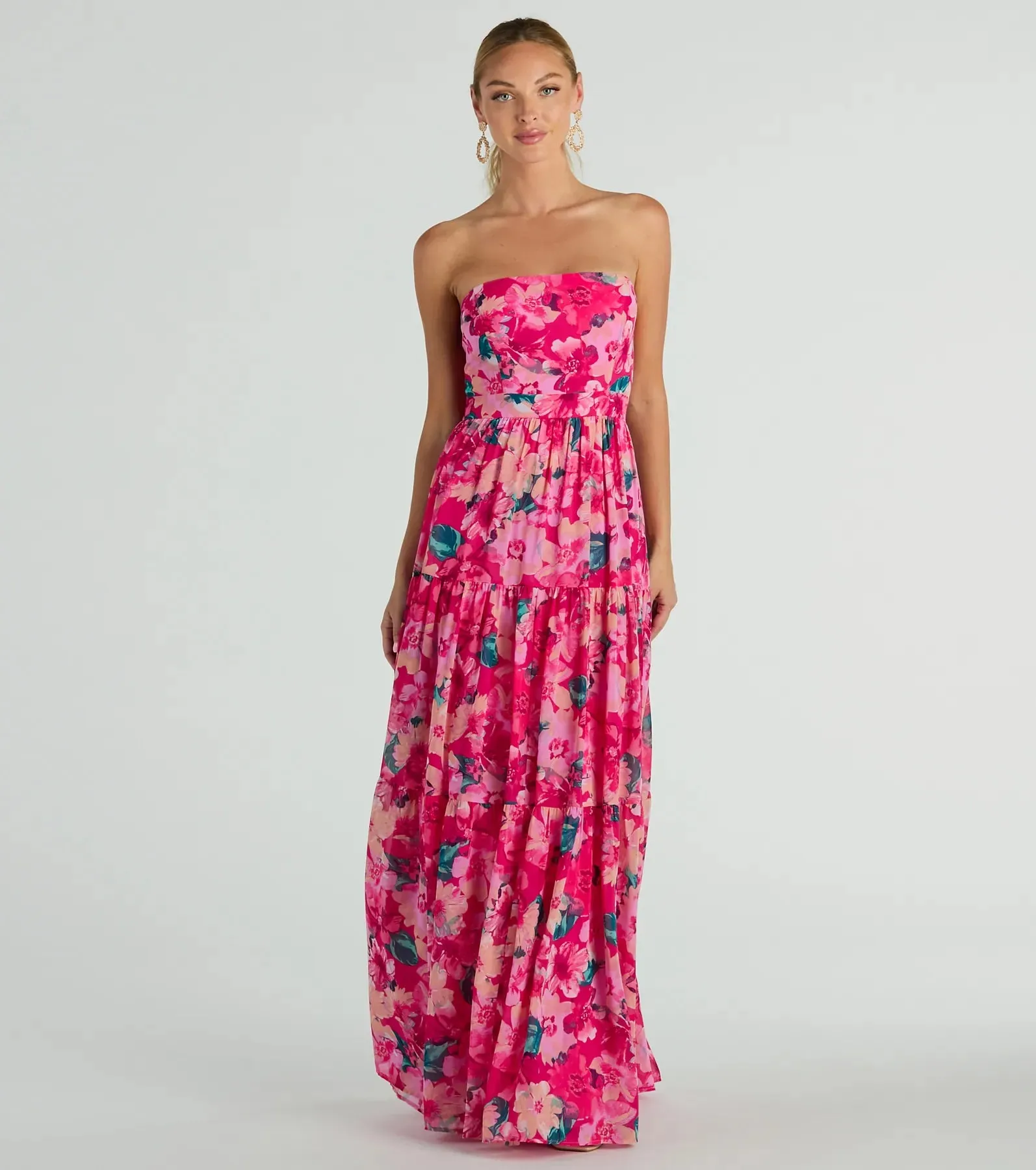 Radiate Romantic Vibes Strapless Floral Chiffon Maxi Dress sold by Windsor