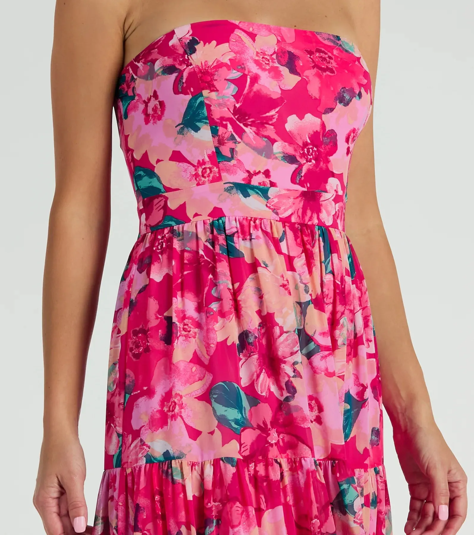 Radiate Romantic Vibes Strapless Floral Chiffon Maxi Dress sold by Windsor product image thumbnail 3