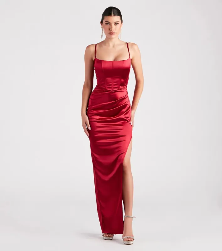 Helena Formal Satin Corset Slit Dress sold by Windsor