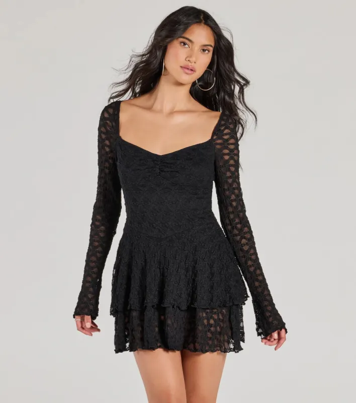Feel The Romance Long Sleeve Lace Skater Romper sold by Windsor