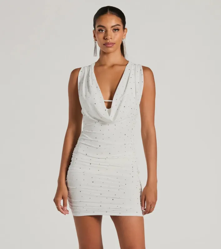 PLACEHOLDER - Speechless Admirers Cowl Neck Rhinestone Mini Dress sold by Windsor
