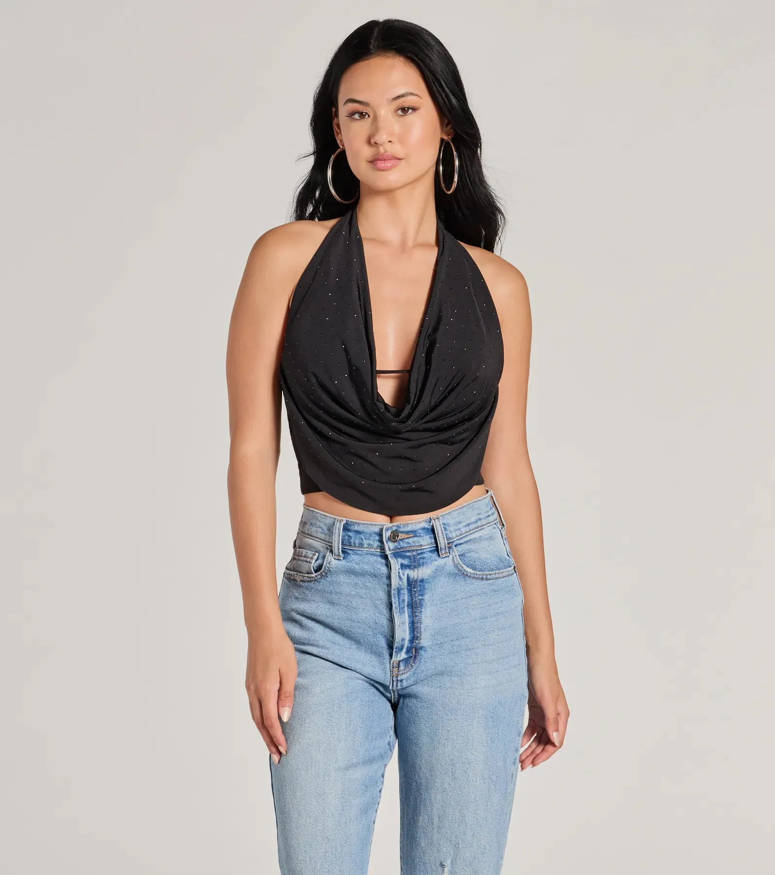 Sultry Flair Rhinestone Knit Halter Crop Top sold by Windsor