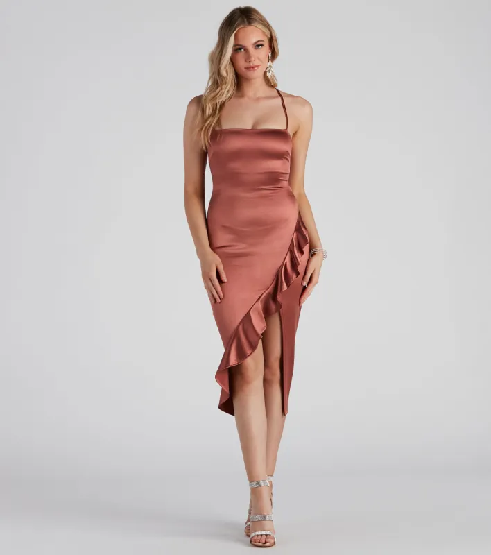 CLEARANCE - Dinner Party Satin Ruffle Midi Dress sold by Windsor