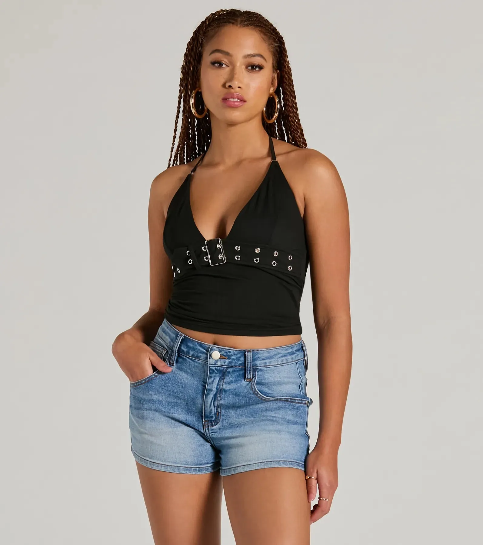 Buckle Down Halter V-Neck Crop Top sold by Windsor