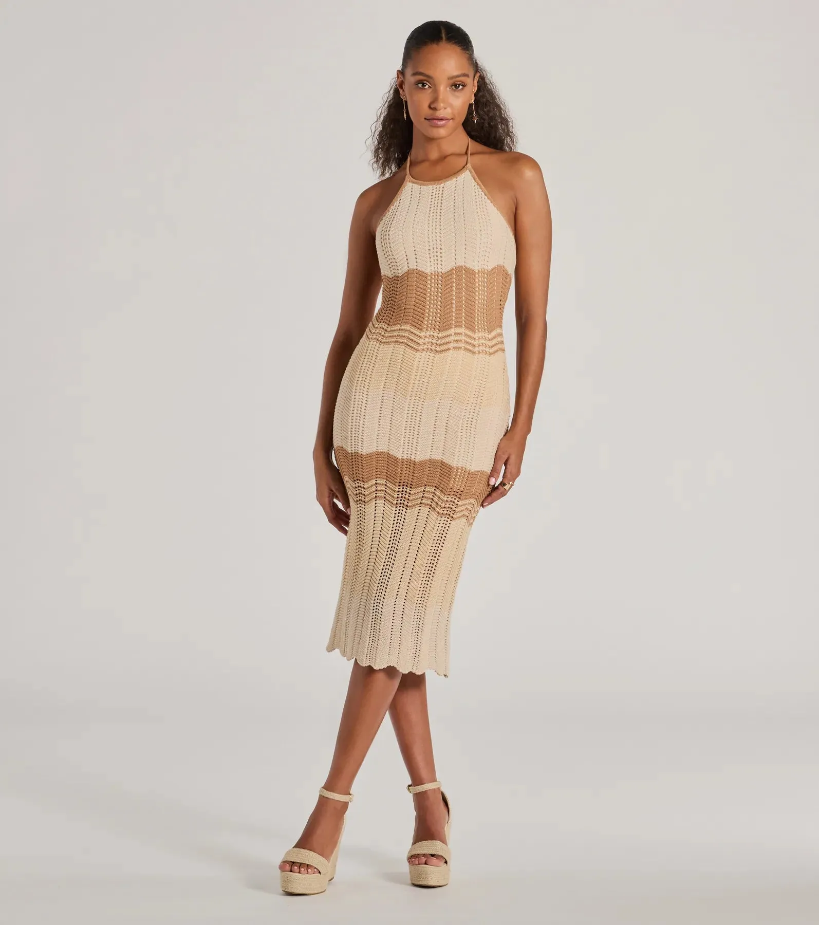 Stylish Striped Halter Crochet Midi Dress sold by Windsor