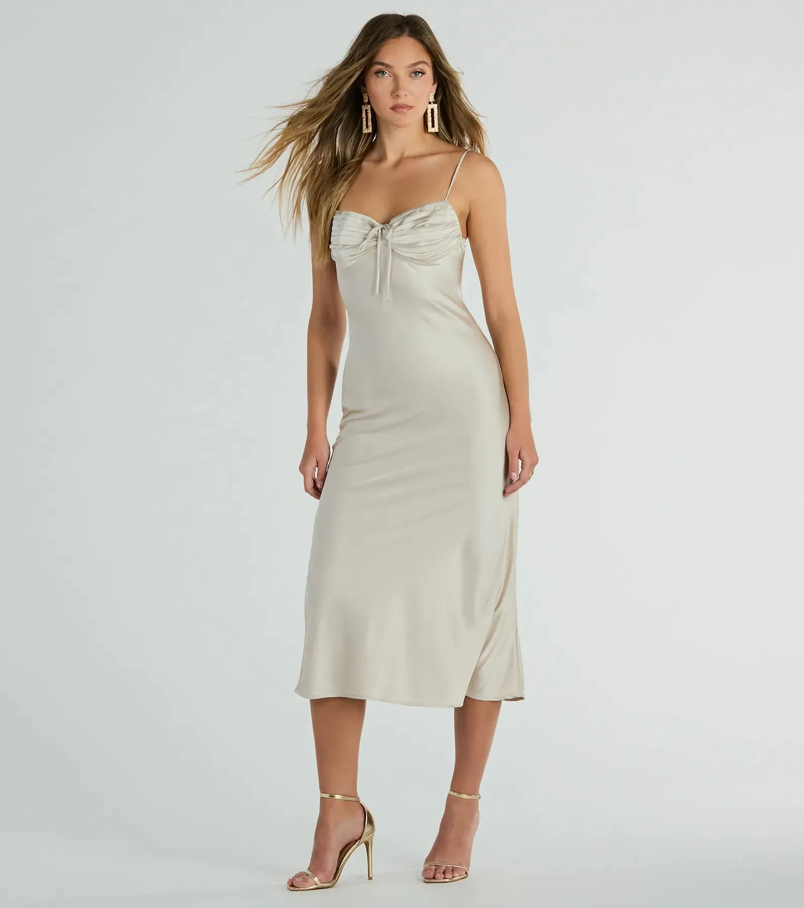 Perfectly Poised Pleated Open Back Satin Midi Dress sold by Windsor