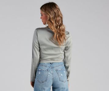 CLEARANCE - So Sleek Satin Tie-Front Blouse sold by Windsor