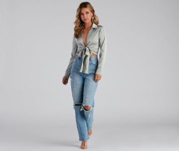 CLEARANCE - So Sleek Satin Tie-Front Blouse sold by Windsor
