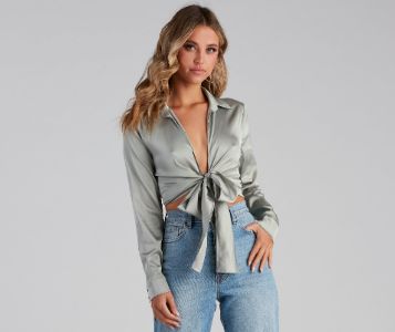 CLEARANCE - So Sleek Satin Tie-Front Blouse sold by Windsor