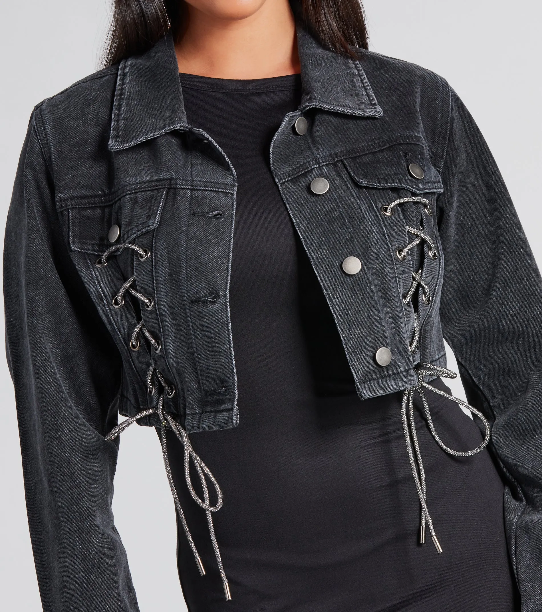 Outshine In Rhinestone Lace-Up Denim Jacket sold by Windsor product image thumbnail 4