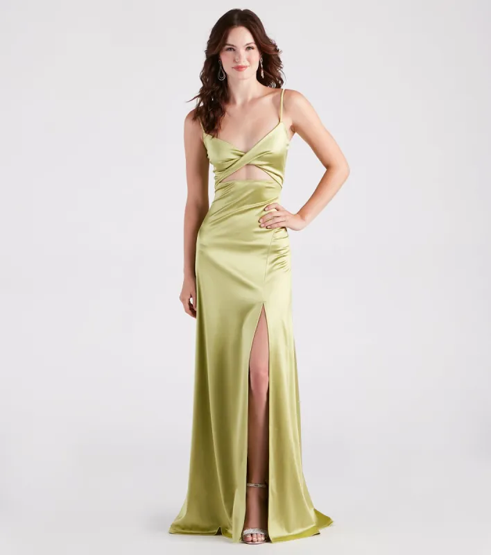 CLEARANCE - Maisy Cutout High Slit Satin Formal Dress sold by Windsor