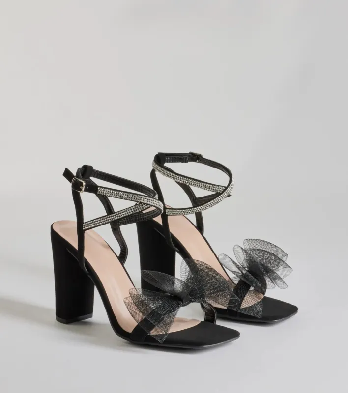 So Lovely Bow Rhinestone Satin Block Heels sold by Windsor