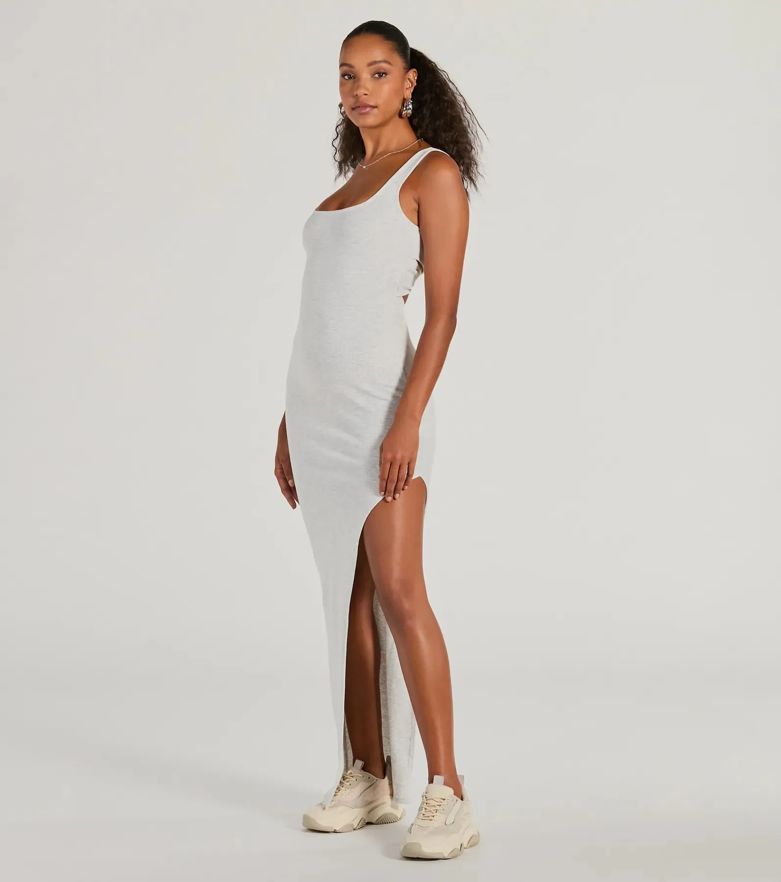 Set For Cuteness Twist Back Slit Rib Knit Maxi Dress sold by Windsor