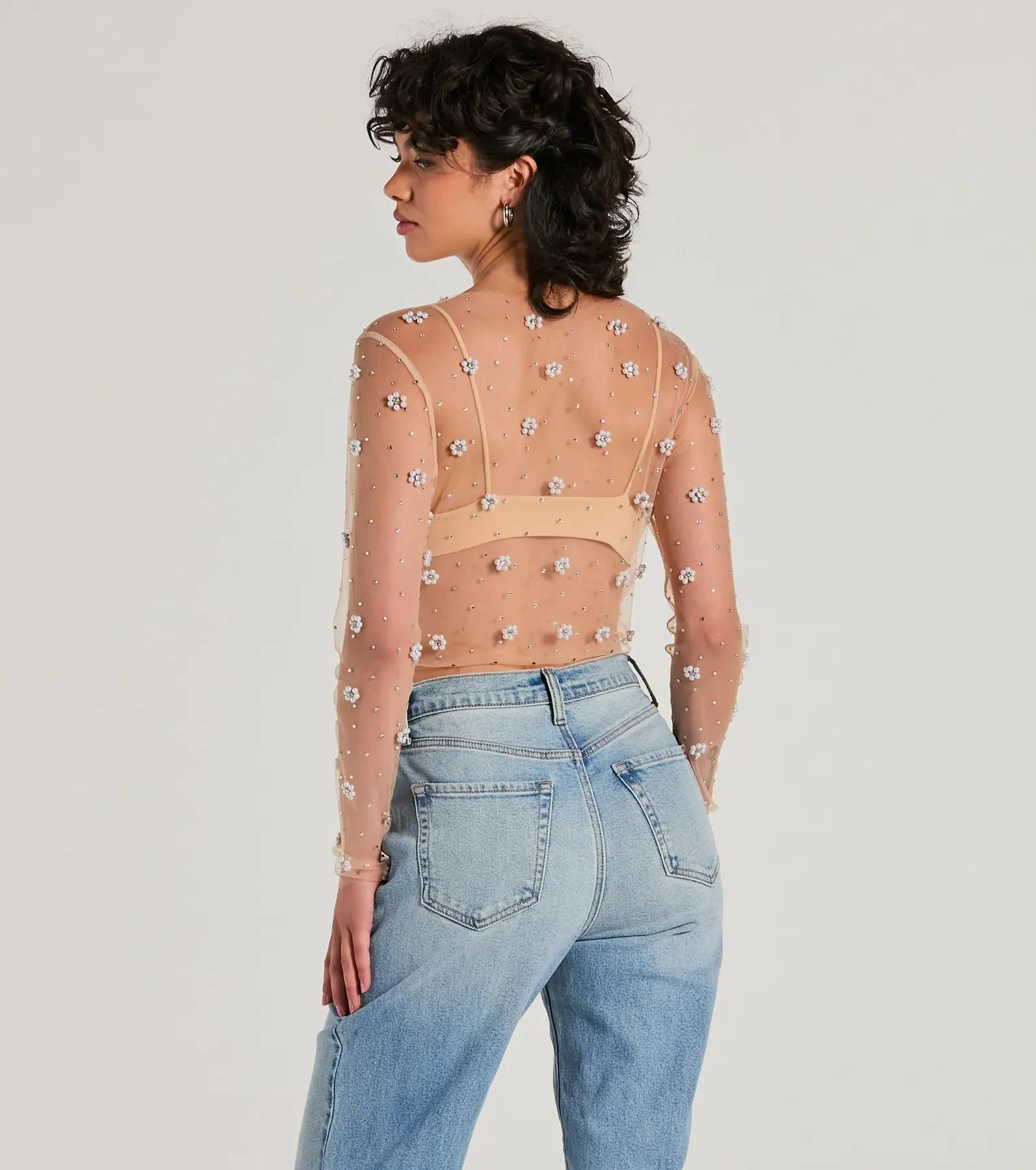 Flirty Floral Rhinestone Pearl Sheer Mesh Crop Top sold by Windsor product image thumbnail 2